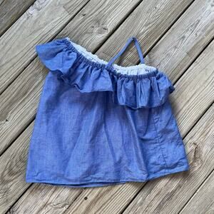 Milly Minis Girls Blue Ruffle-Trim Chambray Top Size 14